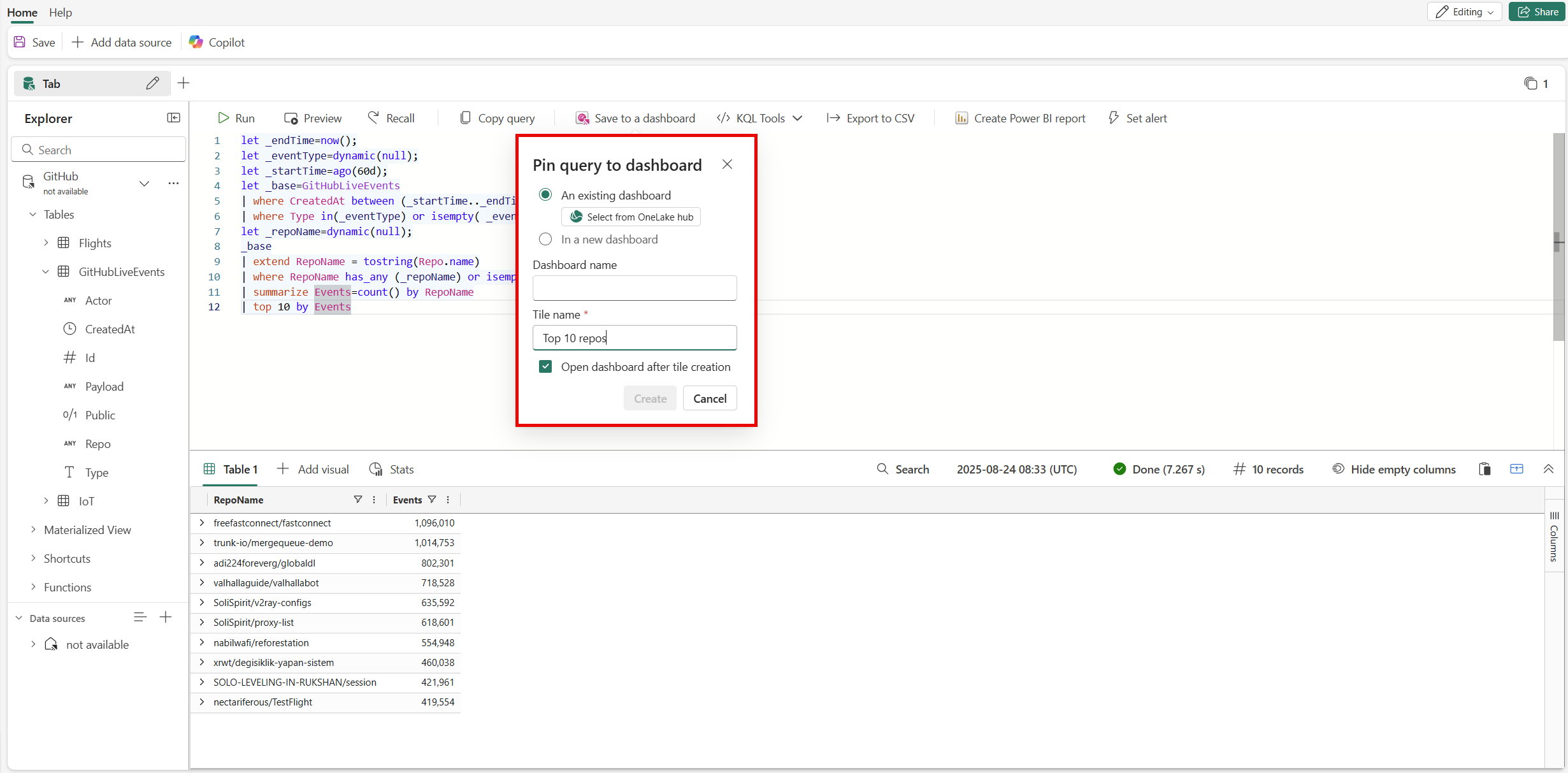 Screenshot of the Pin query to dashboard window.