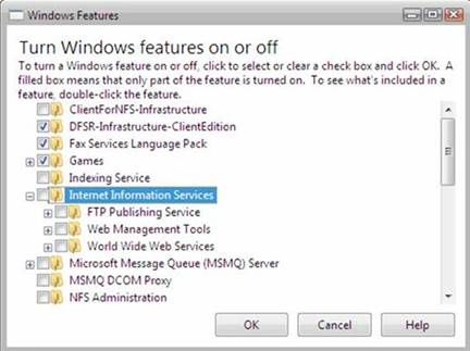 Screenshot of the Windows Features dialog box. Internet Information Services is highlighted.