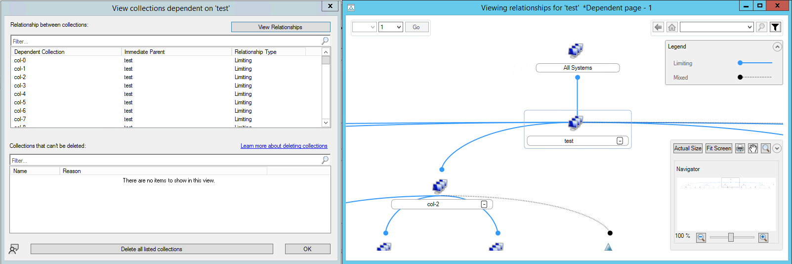 View collection dependencies in list and graphical form when deleting a collection