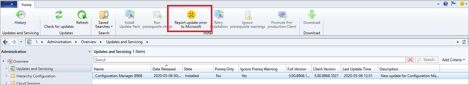 Report update error to Microsoft button in the ribbon.