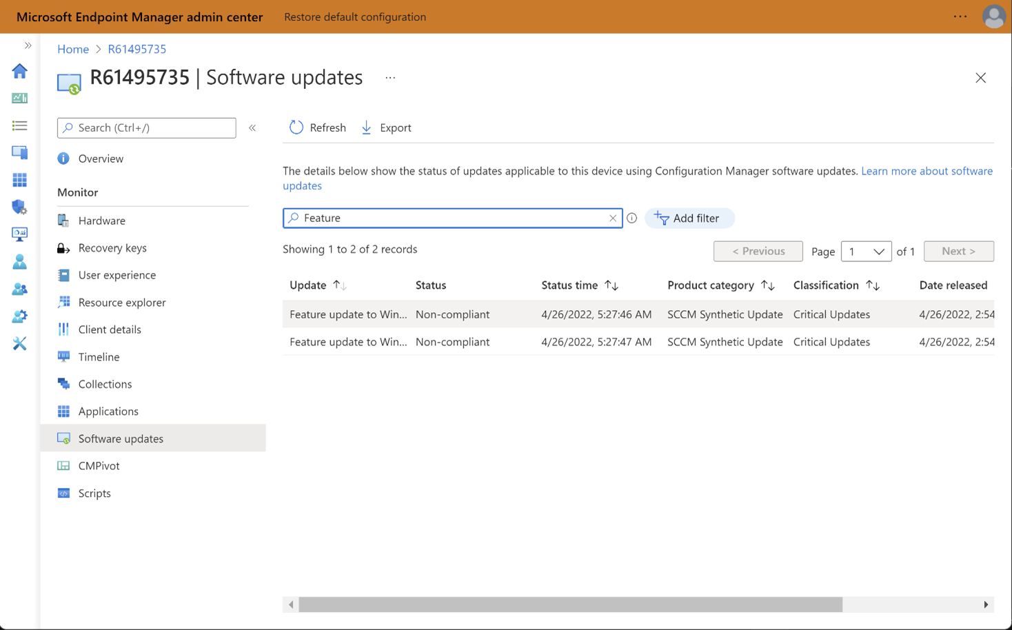 This screenshot shows searching a feature on software updates page.