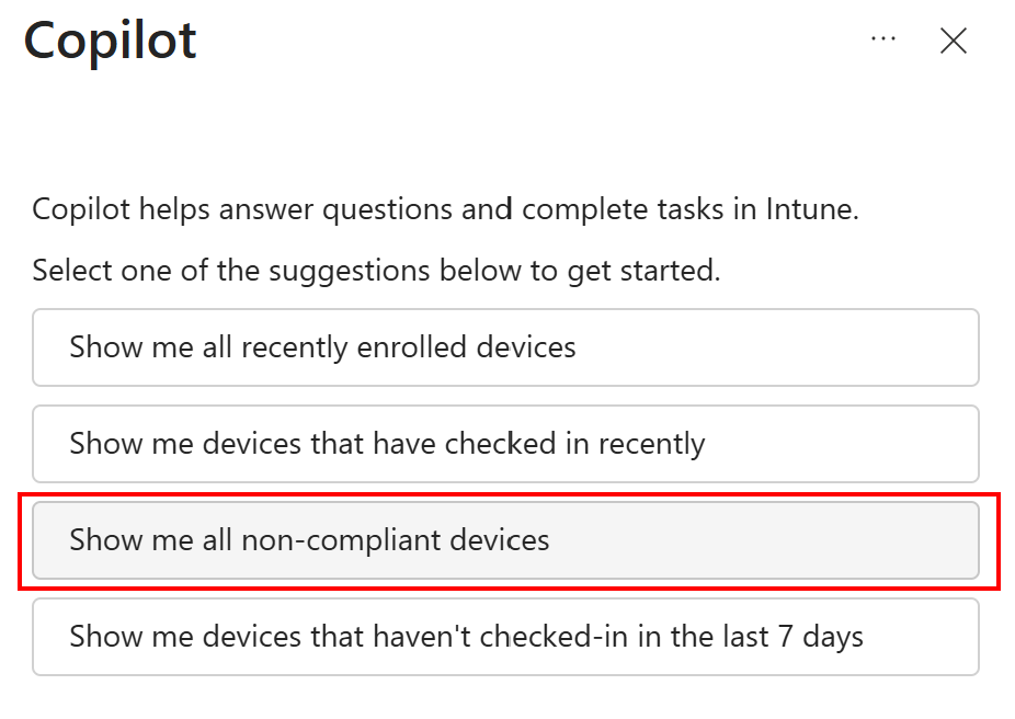 Screenshot that shows all noncompliant devices in a Copilot prompt in Microsoft Intune or Intune admin center.