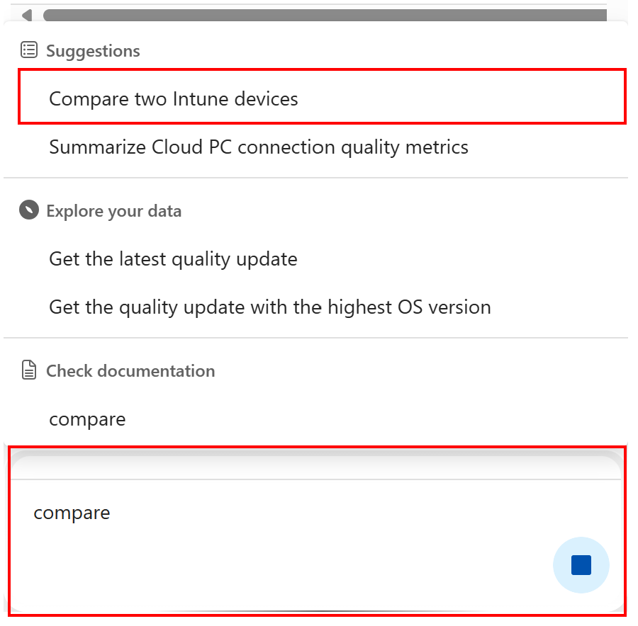Screenshot that shows the compare an Intune device Copilot prompt in Microsoft Intune or Intune admin center.
