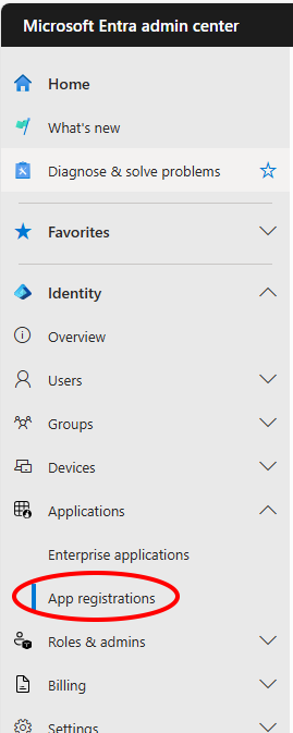 Screenshot of Entra admin center app registrations menu ___location.