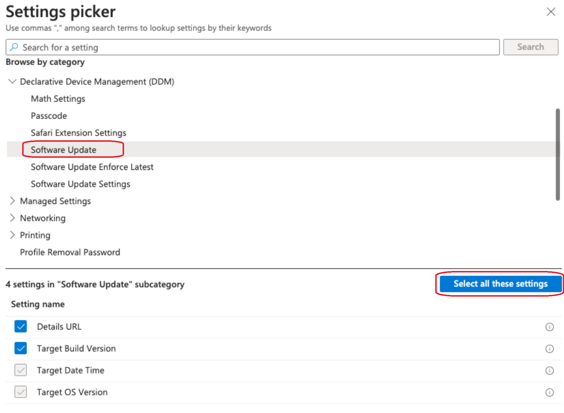 Screenshot that shows the settings catalog software update settings for Apple devices in Microsoft Intune.