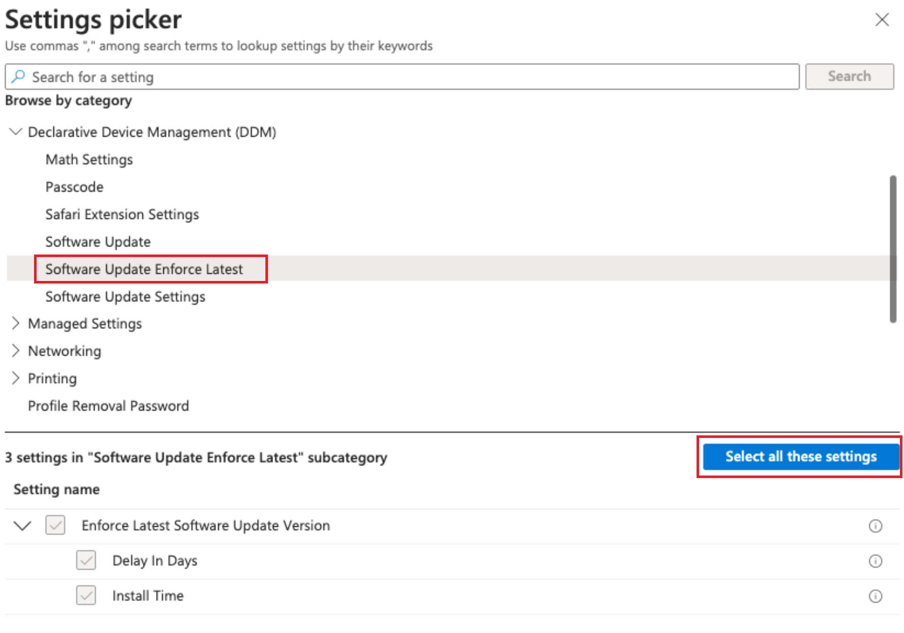 Screenshot that shows the settings catalog software update enforce latest settings for Apple devices in Microsoft Intune.