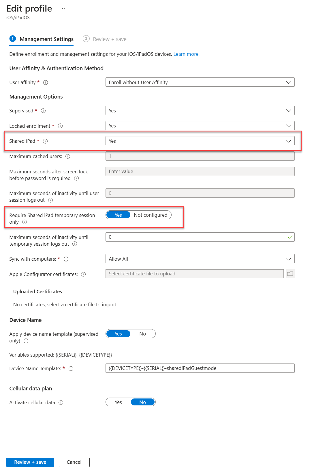 An Automated Device Enrollment (ADE) policy with Shared iPad enabled, and temporary sessions for Shared iPadOS enabled for frontline worker devices in Microsoft Intune.