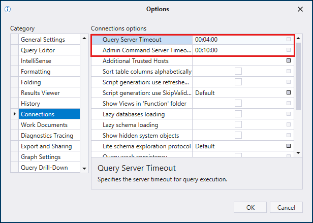 Screenshot of settings for query and admin command timeouts in Kusto.Explorer.