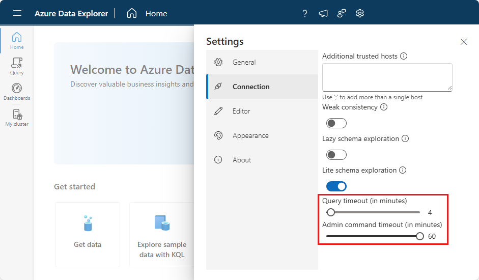 Screenshot of the settings in the Azure Data Explorer web UI that control timeout length.