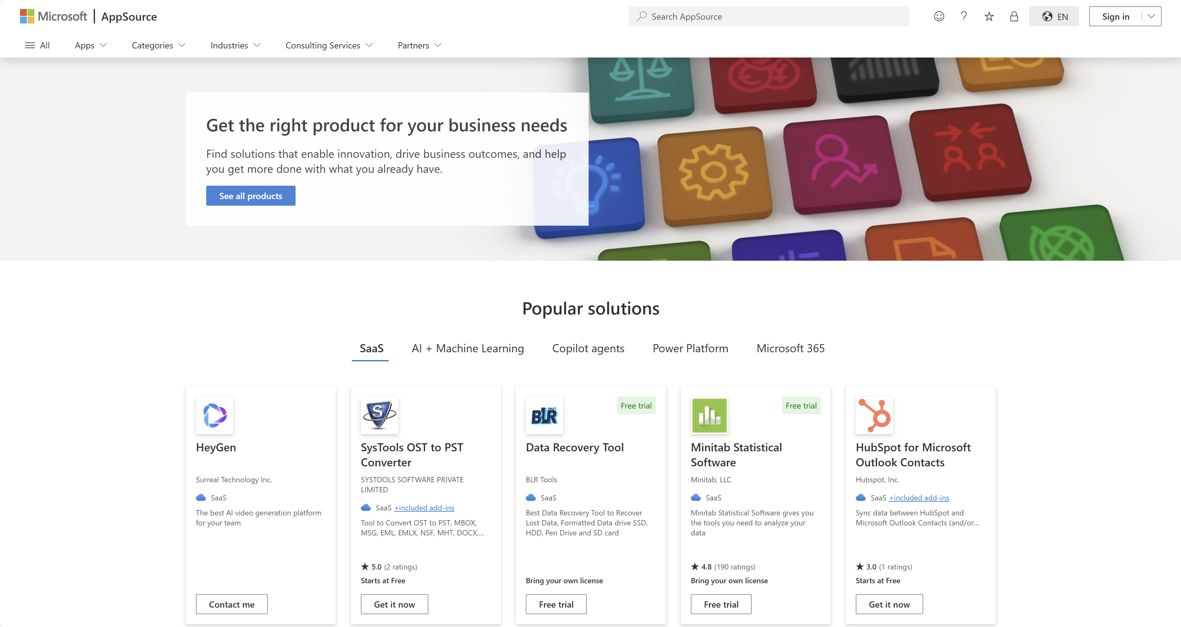 Screenshot that displays the Microsoft AppSource landing page.