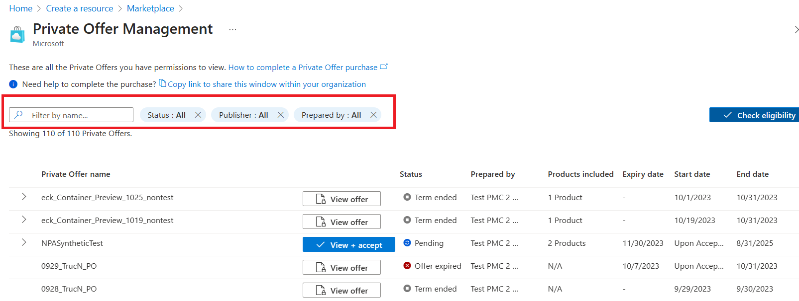 Screenshot that shows the Private Offer Management page, with Search and filters highlighted.
