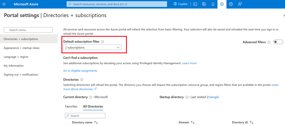 Screenshot of the default subscriptions filter in the Portal Settings menus.