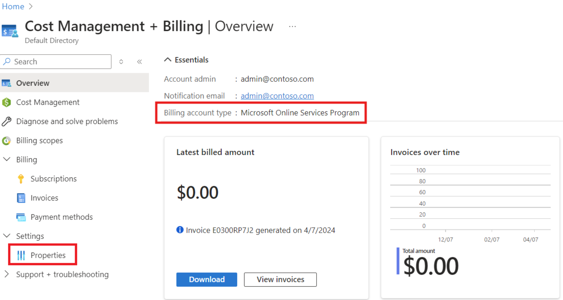 Screenshot that shows the Billing Overview page, with the Billing account type section highlighted.