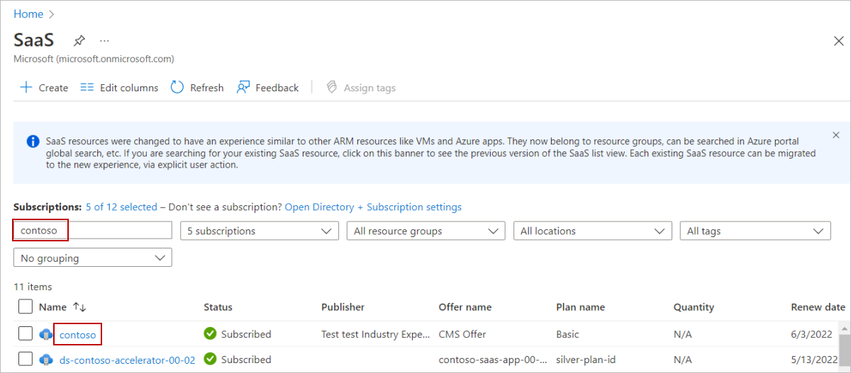 Screenshot of the Filter by name box and list of subscriptions.