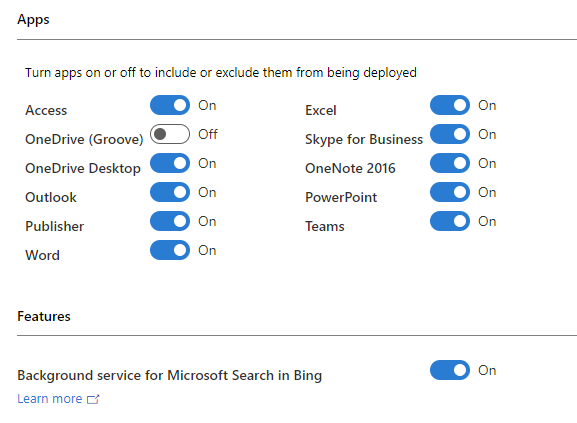 Screenshot of Configuration settings for apps and features in Microsoft 365, showing various apps and the background service for Microsoft Search in Bing.
