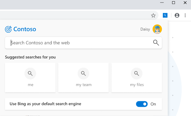 Screenshot of Microsoft Search flyout in Chrome showing suggested searches and an option to use Bing as the default search engine.