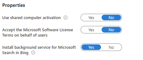 Screenshot of Intune properties settings showing options for shared computer activation, Microsoft Software License terms, and background service for Microsoft Search in Bing.