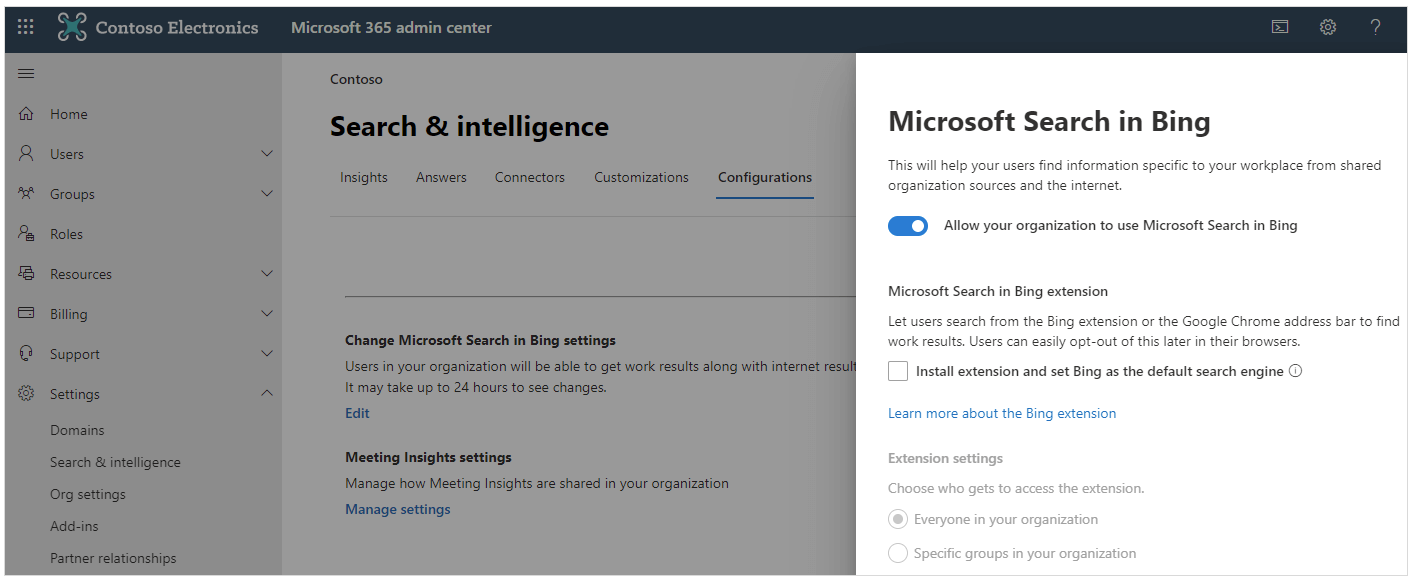 Screenshot of Microsoft 365 admin center settings for configuring Microsoft Search in Bing, including extension settings and search results configurations.