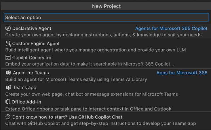 A screenshot of the New Project options with Declarative Agent at the top.