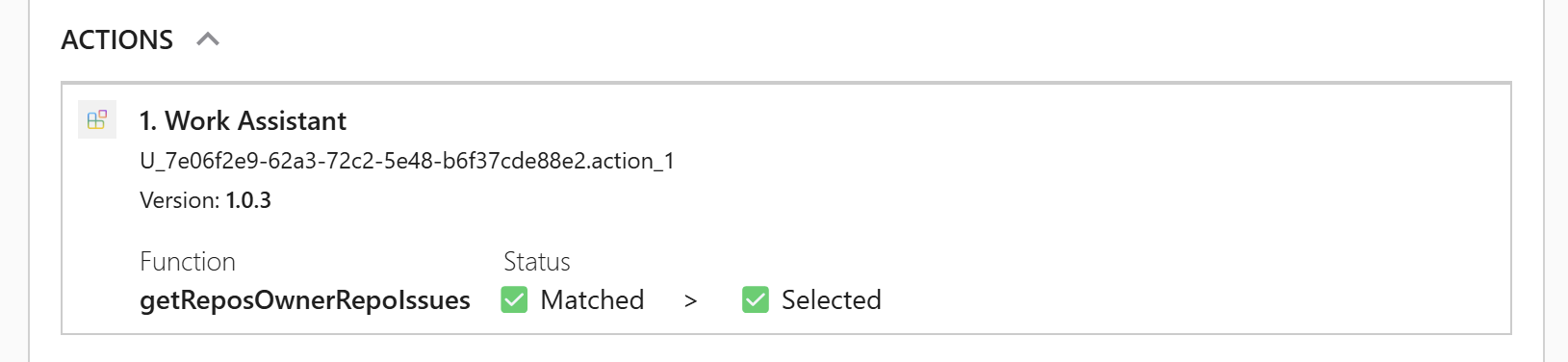 Screenshot of Copilot chat session where Copilot has returned a card with debugging information showing the configured agent actions