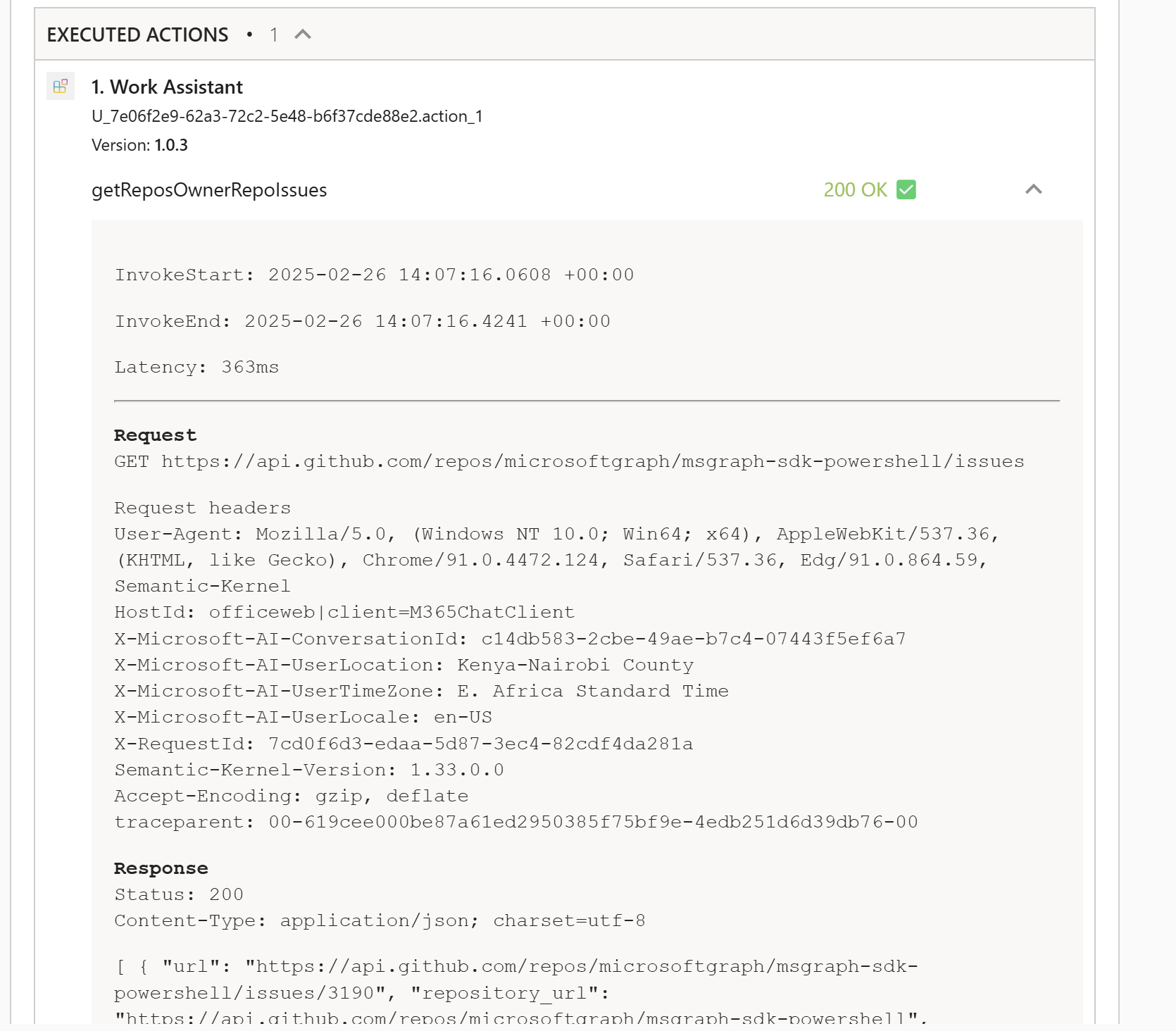 Screenshot of Copilot Chat session where Copilot has returned a card with debugging information showing the executed actions