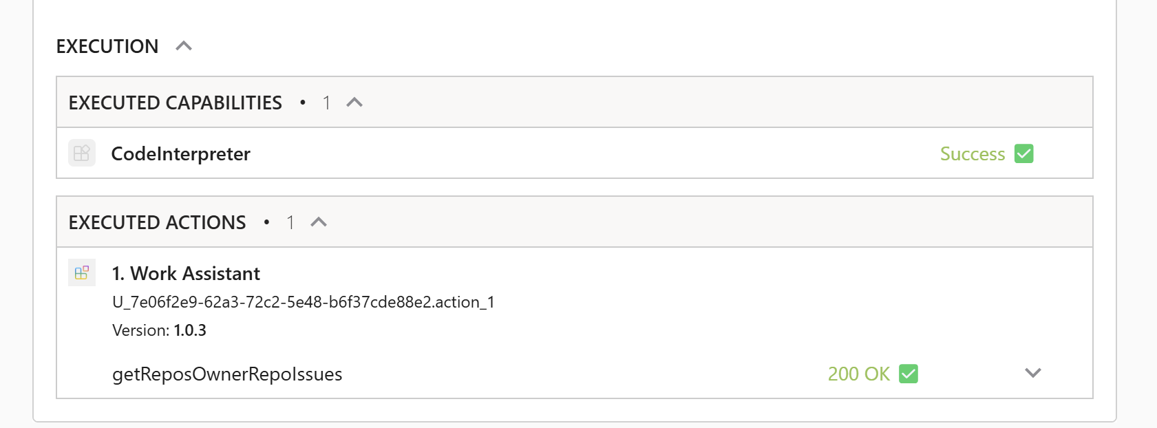 Screenshot of Copilot Chat session where Copilot has returned a card with debugging information showing executed capabilities
