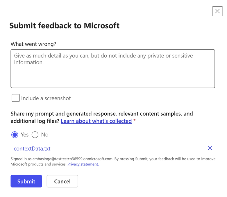 Screenshot of Copilot Chat feedback in the text box