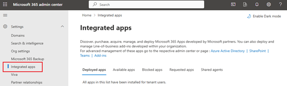 Screenshot of the 'Integrated apps' section of Microsoft 365 admin center