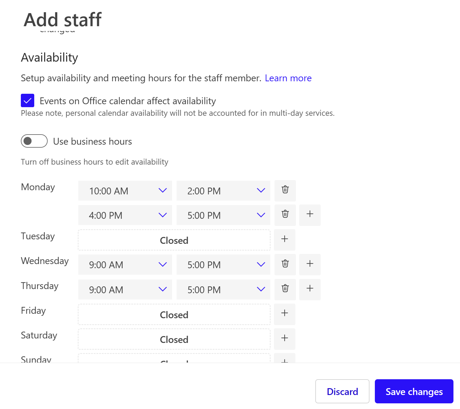 Screenshot showing custom staff hours in Bookings.