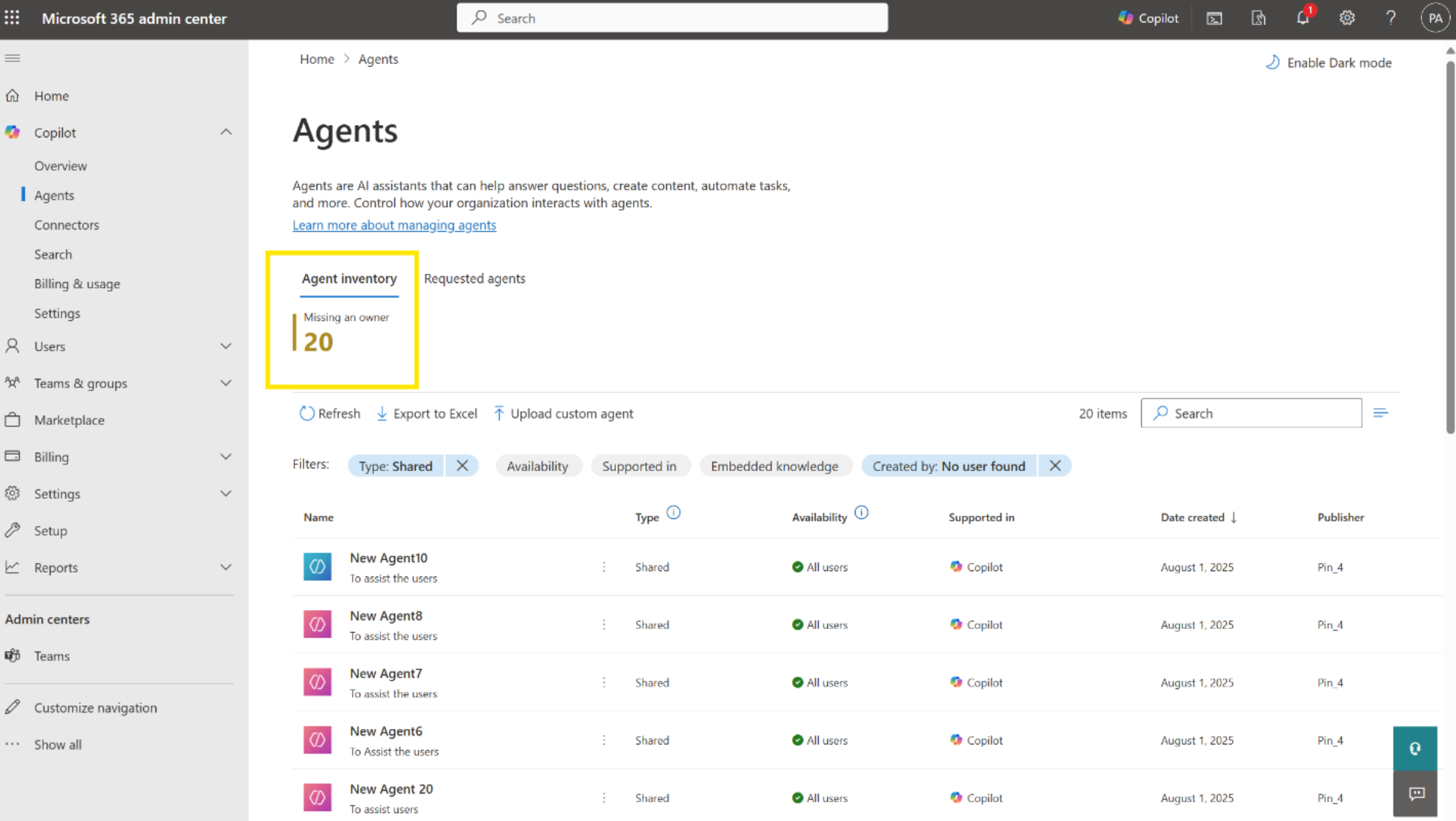 Screenshot showing ownerless shared agents.