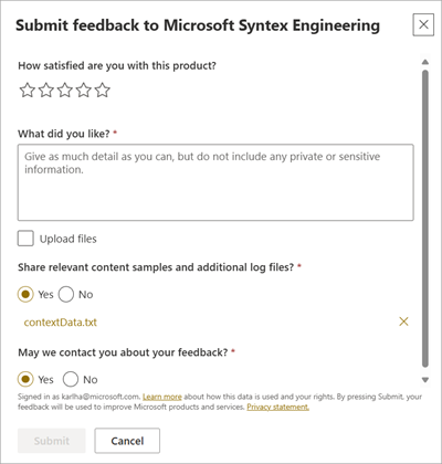 Screenshot of the submit feedback to Microsoft screen.