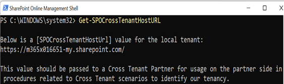 Screenshot of an example of how to obtain host url for a source, it shows the running of the Get-SPOCrossTenantHostURL, which returns a my.sharepoint.com URL in the example.