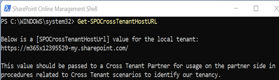 Screenshot of an example of how to obtain host url for target it shows the running of the Get-SPOCrossTenantHostURL, which returns a my.sharepoint.com URL in the example.
