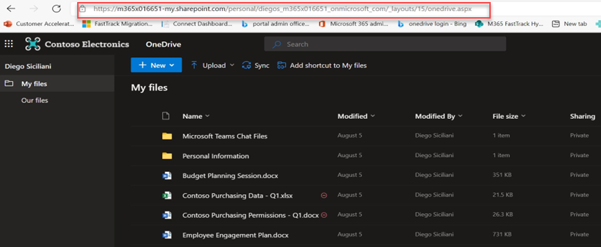 A screenshot showing a premigration status. There are files and folders displayed in a window, and a red box is drawn around the address of the OneDrive.