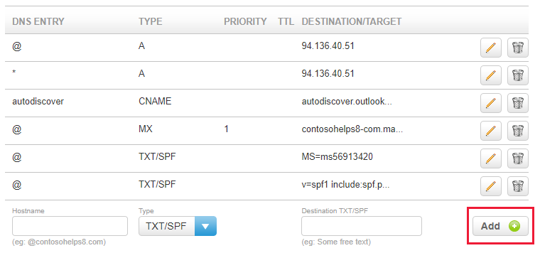 Screenshot of where you select Add to add a ___domain verification TXT record.