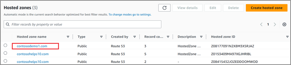 Screenshot of Hosted zones where you select the Domain name for the ___domain verification TXT record.