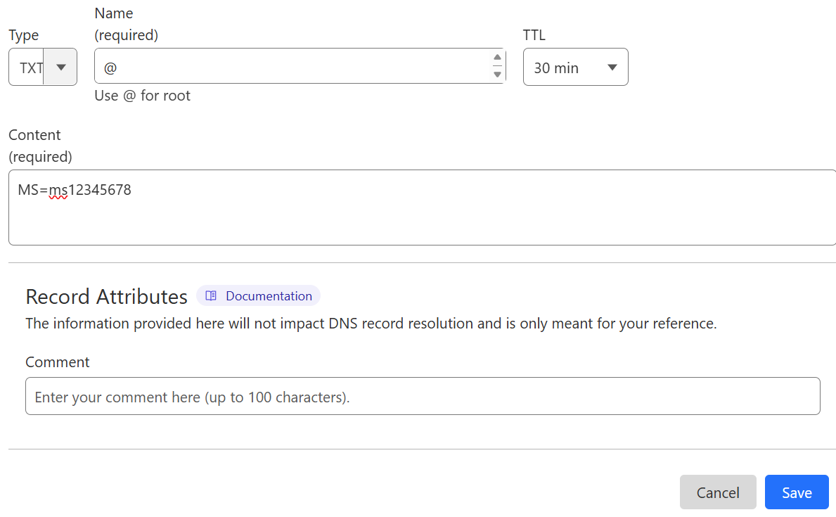 Screenshot of where you select Save to add a ___domain verification TXT record.