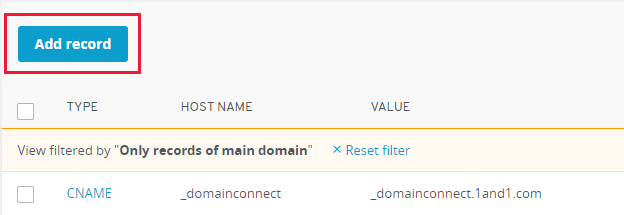 Screenshot of where you select Add record to add a ___domain verification TXT record.