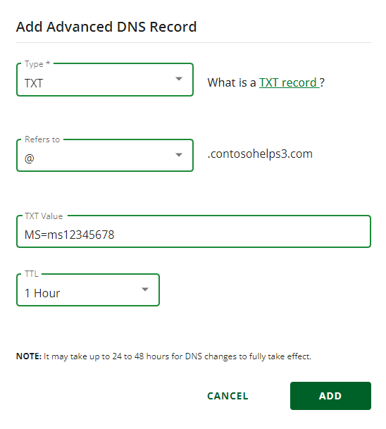 Screenshot of where you select Add to add a ___domain verification TXT record.
