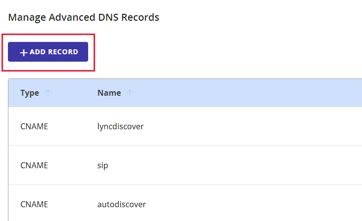 Screenshot of where you select Add a record to add a ___domain verification TXT record.