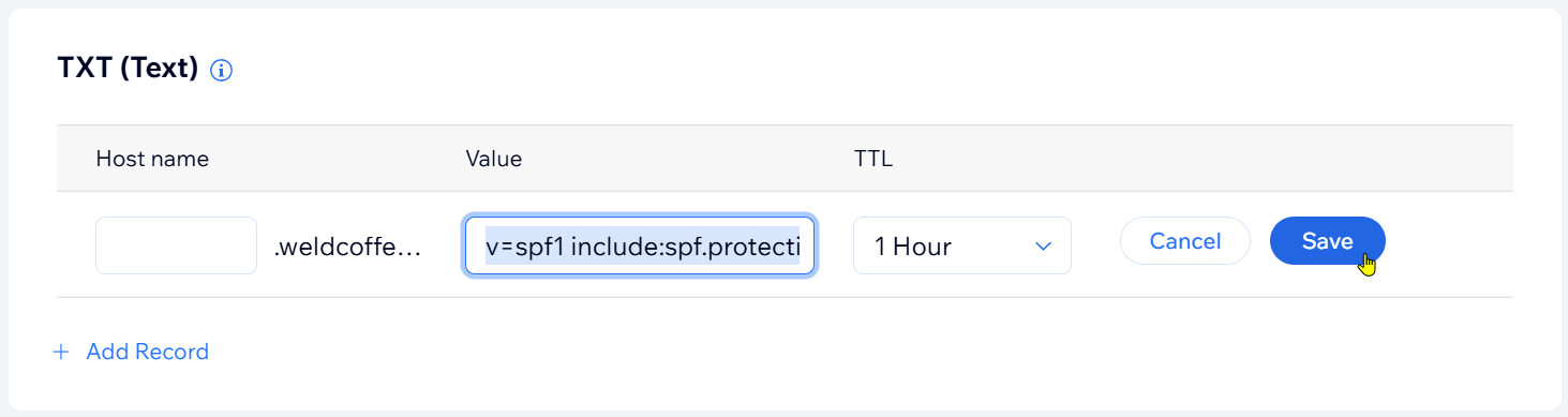 Screenshot of where you select Save to add ___domain verification TXT record.