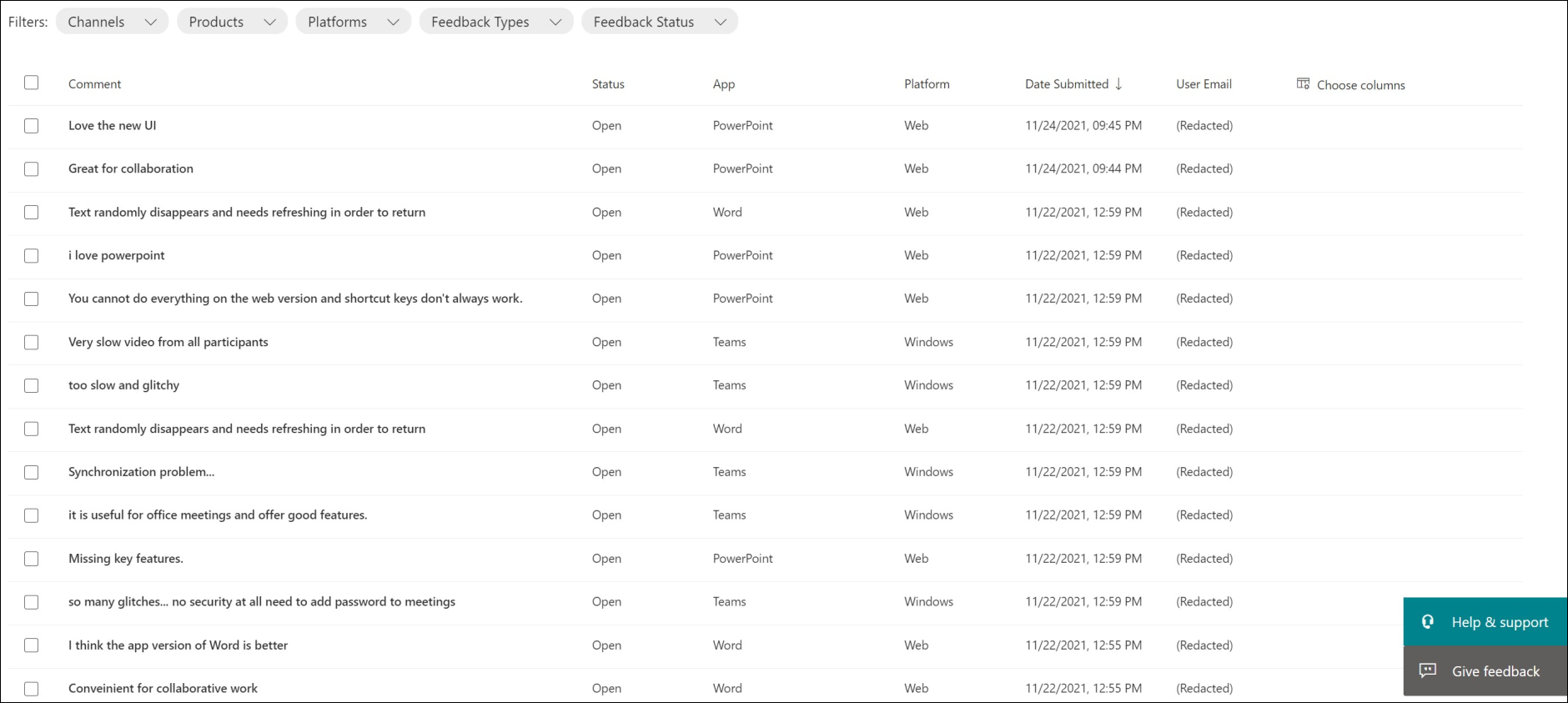 Screenshot: Chart showing feedback types