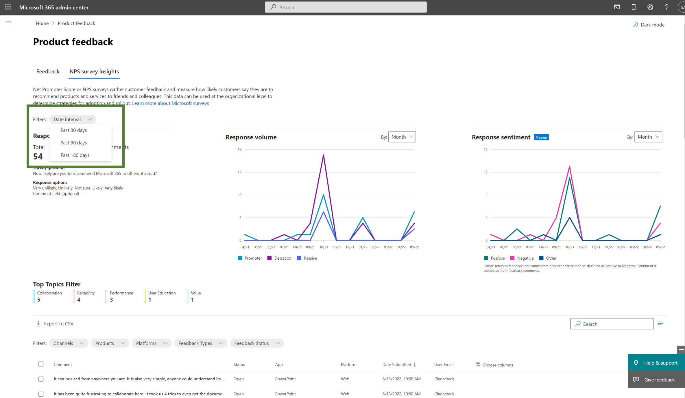 Screenshot: Date filter in the NPS survey insights dashboard