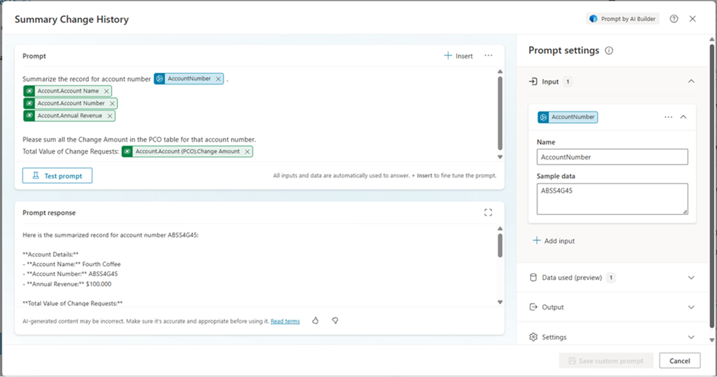 Screenshot of the AI Builder prompt being displayed within Copilot Studio.