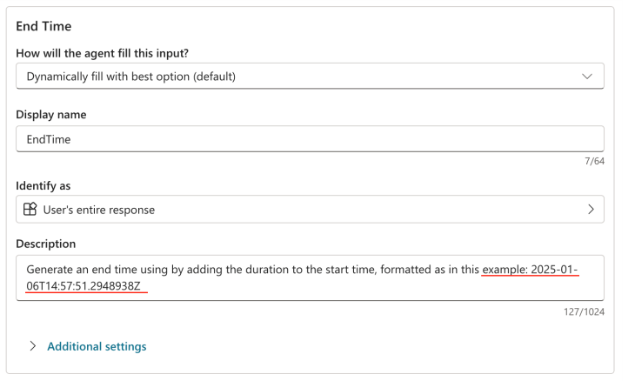 Screenshot of an agent action illustrating how to format the date in an automatically generated email response.