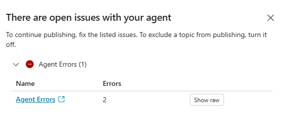 Screenshot of the errors list page that appears if you try to publish an agent that violates DLP policies.