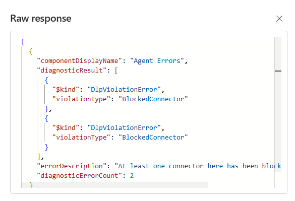 Screenshot of the raw response panel that shows DLP violations in a JSON-formatted block of code.