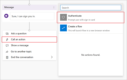 Screenshot of selecting Authenticate action in Copilot Studio.