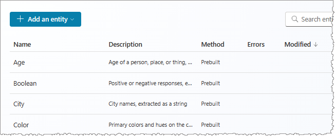 Screenshot of the Entities page (partial view).