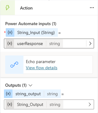Screenshot of the Action node that calls the 'Echo parameter' flow.